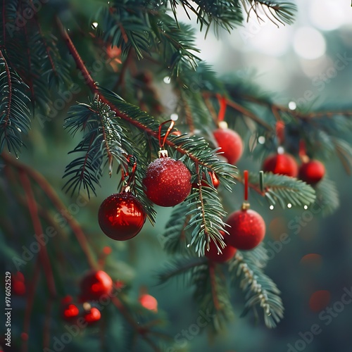 rowen , This image captures a close-up view of ripe red apples hanging from a tree, covered in raindrops, emphasizing the freshness and abundance of the , Walking in the woods, autumn berry picking.
 photo