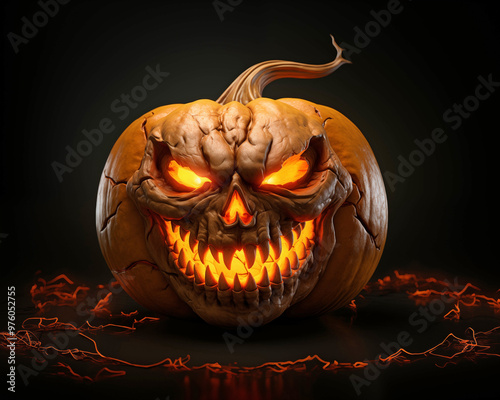 Halloween pumpkin skull concept poster. Halloween horror holiday creative banner background. Creative photo style digital illustration. AI artwork. photo