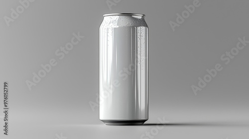 A white aluminum can with condensation droplets.