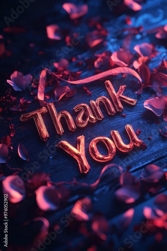 Glowing 'Thank You' text surrounded by pink flower petals on blurred dark background