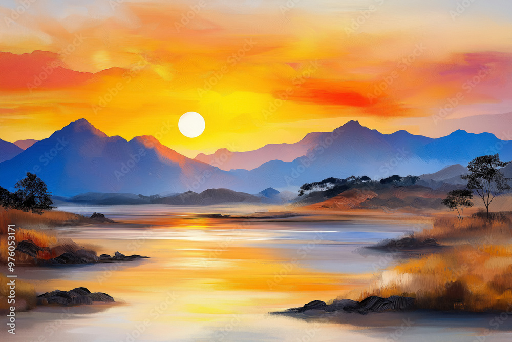 Fototapeta premium Sunset Background In Impasto Painting Style