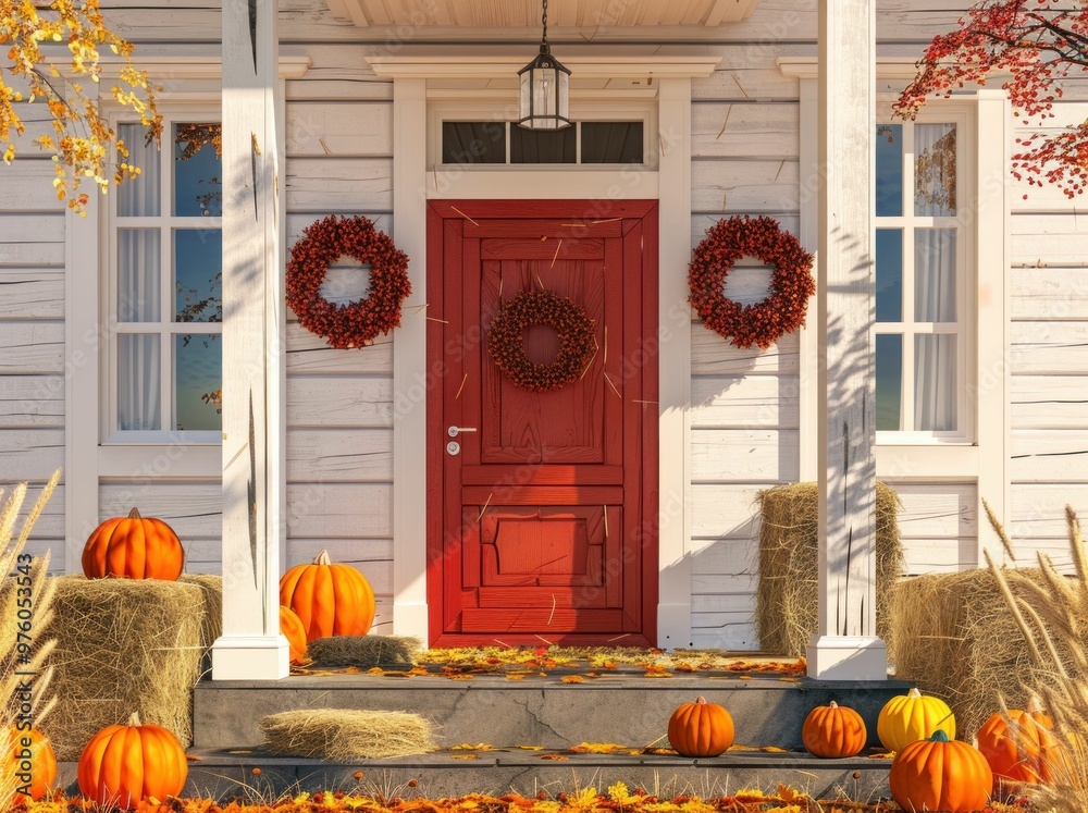 Obraz premium Cozy autumn porch with a vibrant red door and seasonal decorations
