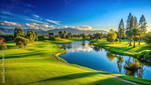 Serene golf course with lush fairway under clear blue sky photo