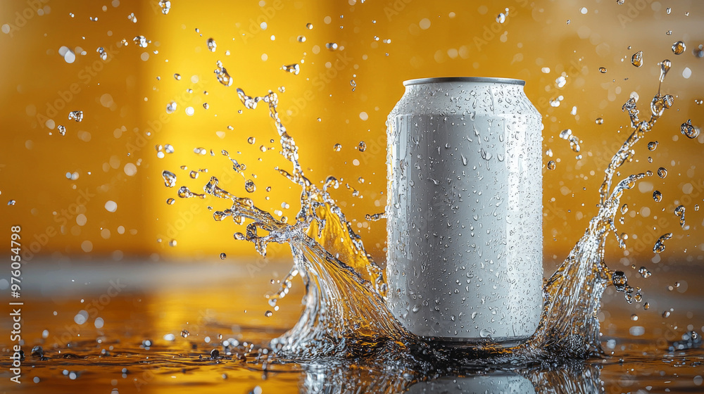 A silver can of soda sits in a splash of water against a yellow background. A silver can of soda sits in a splash of water against a yellow background.