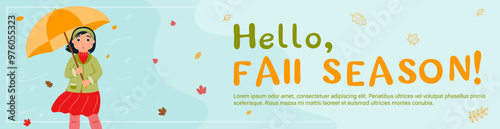 Banner Hello, fall season! A surprised girl in autumn clothes hides under an umbrella from the wind and rain.