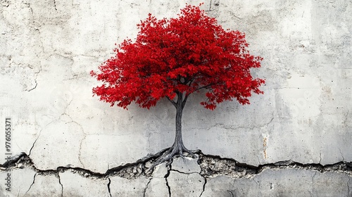 A vibrant red tree emerges from a cracked concrete wall, symbolizing resilience and nature's beauty.