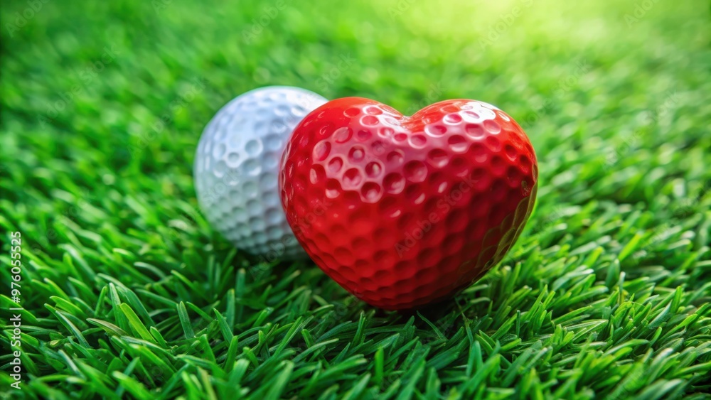 Naklejka premium Red heart with golf ball sitting on green grass symbolizing love for the game of golf