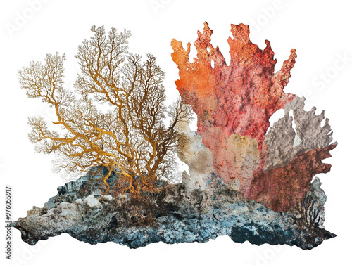 Colorful coral reef featuring vibrant formations and textures, showcasing the beauty of marine life under the sea. photo