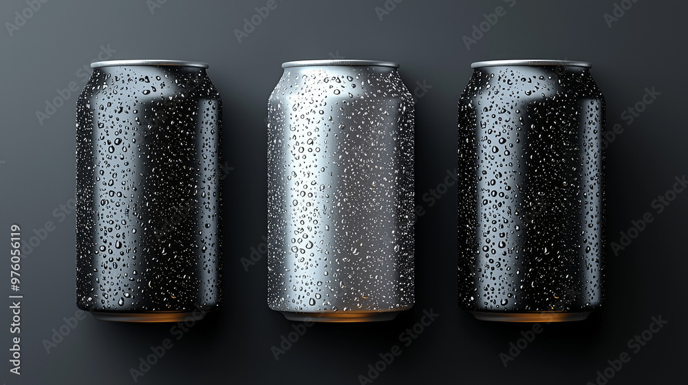 Three aluminum cans, two black and one silver, covered in condensation drops. Three aluminum cans, two black and one silver, covered in condensation drops.
