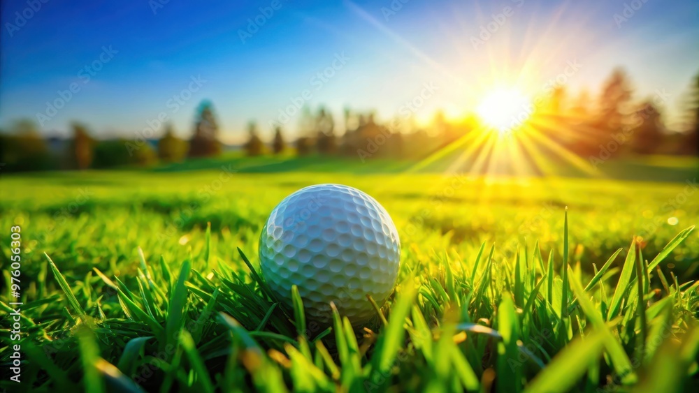 Vibrant green grass with golf ball on sunny day Vibrant green grass with golf ball on sunny day