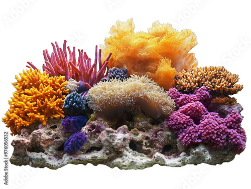 Vibrant coral reef with diverse colors and textures, showcasing underwater beauty and marine biodiversity. photo