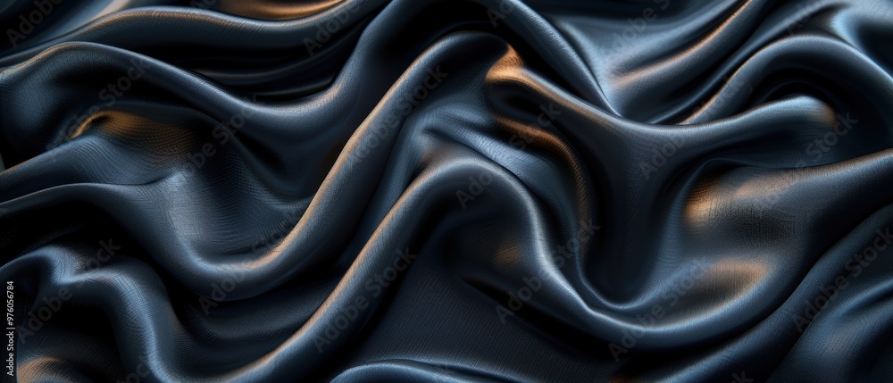 Black background with soft folds of fabric, top view. Texture for product presentation mockup design or wallpaper. Black background with soft folds of fabric, top view. Texture for product presentation mockup design or wallpaper.
