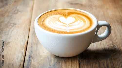 A beautifully crafted latte in a white cup, showcasing intricate heart art on a wooden table for a cozy cafe atmosphere.