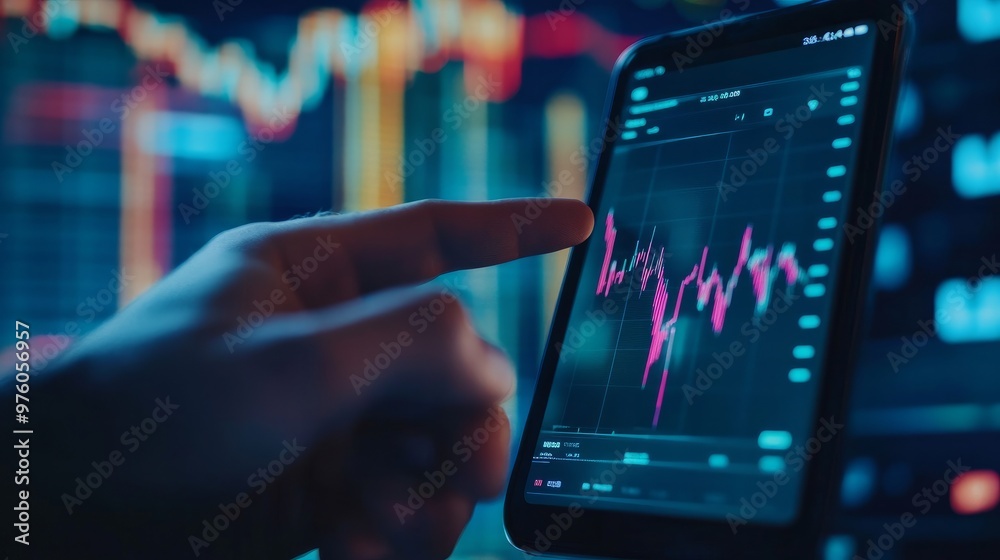 An investor uses the candlestick graph to analyze the stock market exchange. A trader working from home uses a PC and a mobile device. Concept of financial and broker-agent investments. An investor uses the candlestick graph to analyze the stock market exchange. A trader working from home uses a PC and a mobile device. Concept of financial and broker-agent investments.