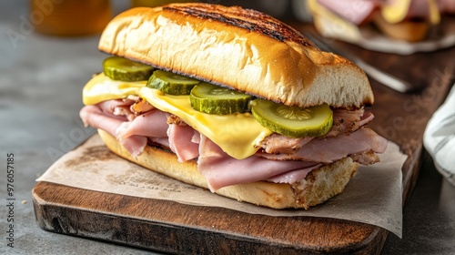 Delicious Cuban Sandwich with Ham, Pickles, and Cheese