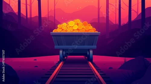 Wallpaper Mural A vibrant digital illustration of a mine cart filled with gold, set against a colorful forest backdrop at dusk. Torontodigital.ca