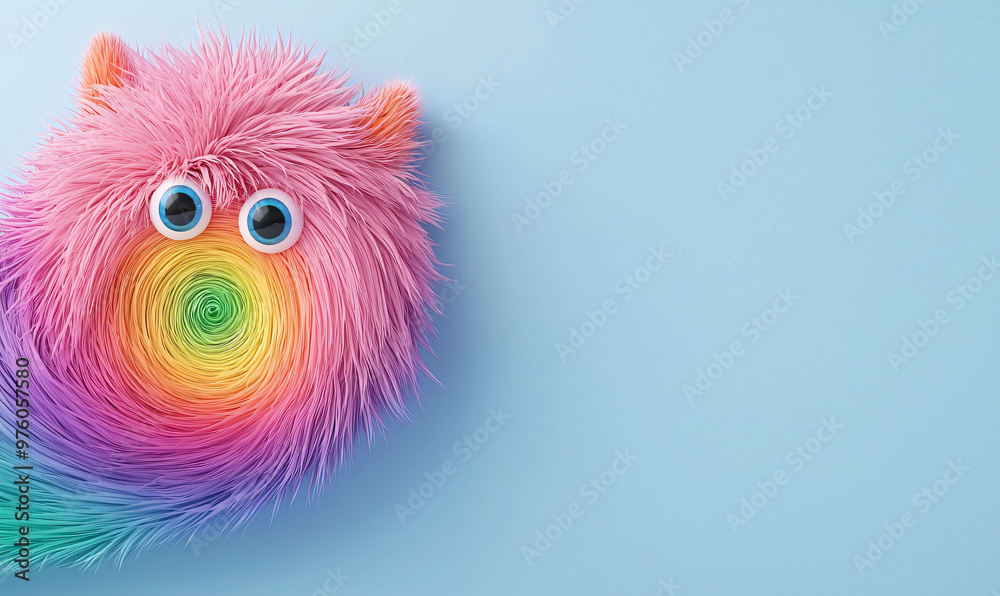 Fototapeta premium Furry monster with rainbow tail spinning in circles, showcasing vibrant colors and playful design. This whimsical creature adds fun touch to any creative project