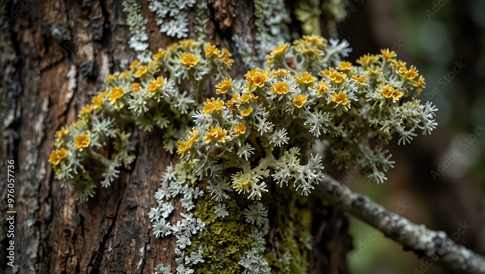 Close-up shot of lichen Hypogymnia physodes clinging to an aged tree branch. Close-up shot of lichen Hypogymnia physodes clinging to an aged tree branch.