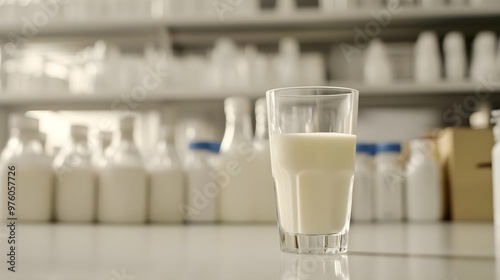 A clear glass of fresh milk placed on a countertop, surrounded by various milk bottles on a shelf in a clean setting.