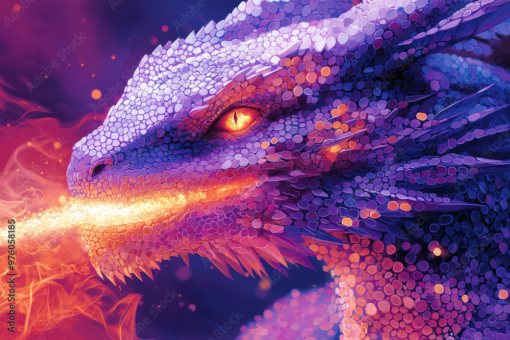 Fiery purple dragon breathes fire. Fiery purple dragon breathes fire.