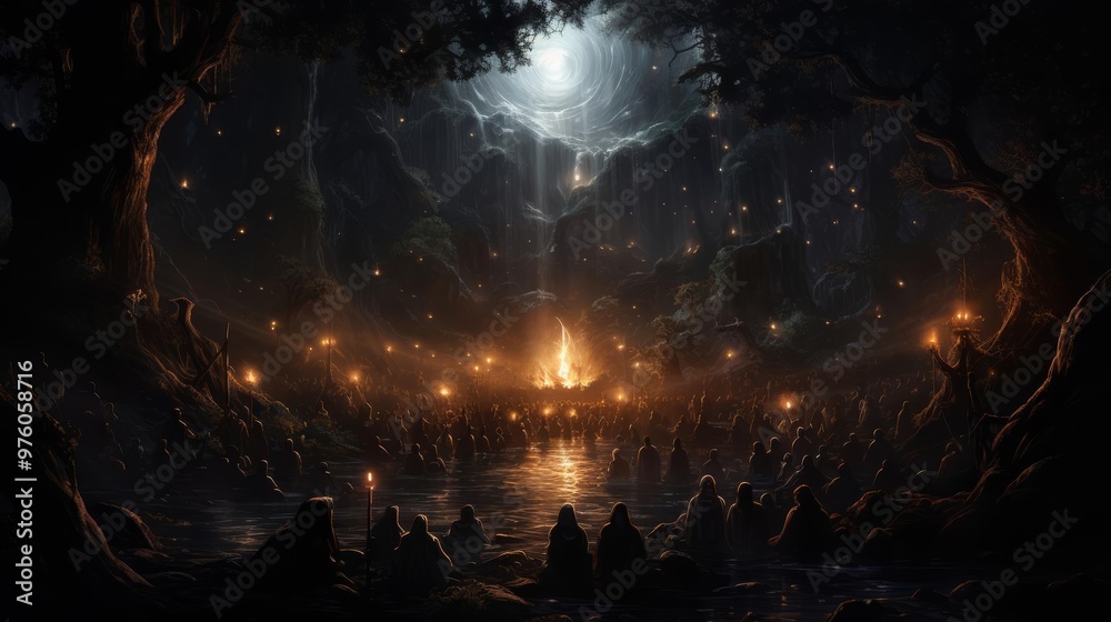 Fototapeta premium A magical illustration of a spellbinding moonlit ritual in an ancient forest