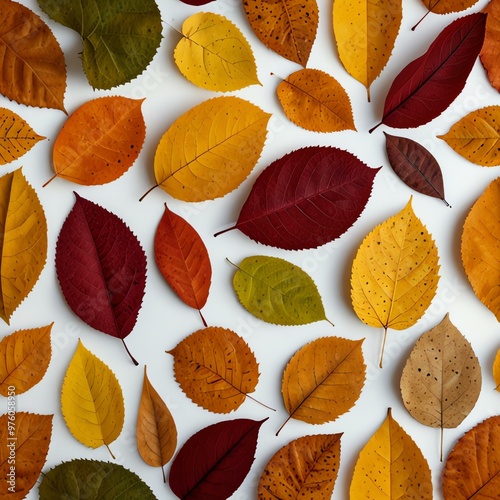 Collection of colorful autumn leaves on a white background.