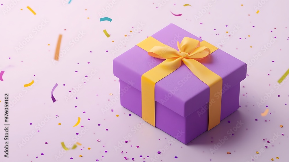 Vibrant 3D Render of Purple Gift Box with Yellow Ribbon in Minimalistic Isometric Style on White Background with Colorful Flying Confetti Vibrant 3D Render of Purple Gift Box with Yellow Ribbon in Minimalistic Isometric Style on White Background with Colorful Flying Confetti