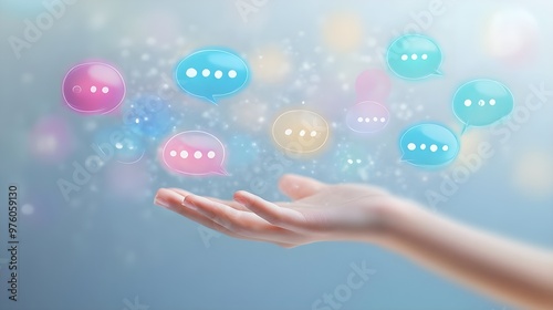 A hand reaching out amidst colorful chat bubbles, symbolizing communication and connection in the digital age. photo