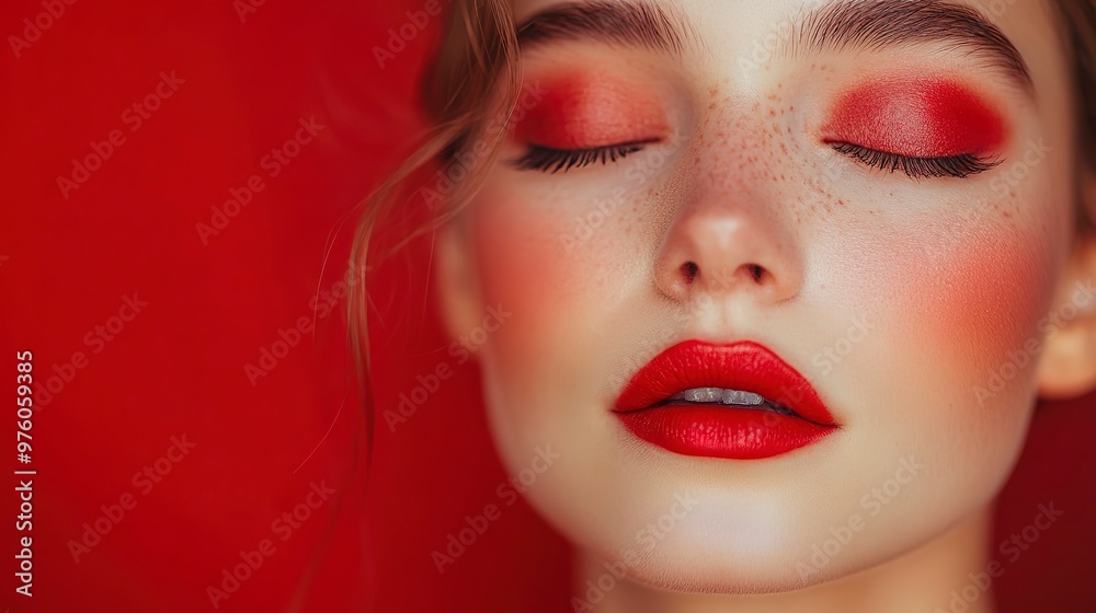 A woman with a red lipstick and a red eye shadow A woman with a red lipstick and a red eye shadow