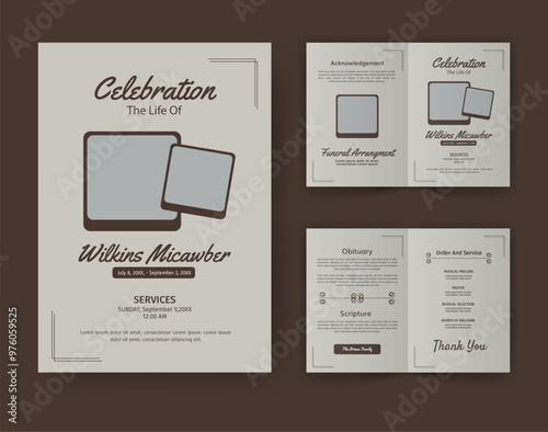 Funeral  Template for Memorial Program. Minimalist Bifold Brochure Design Layout.
