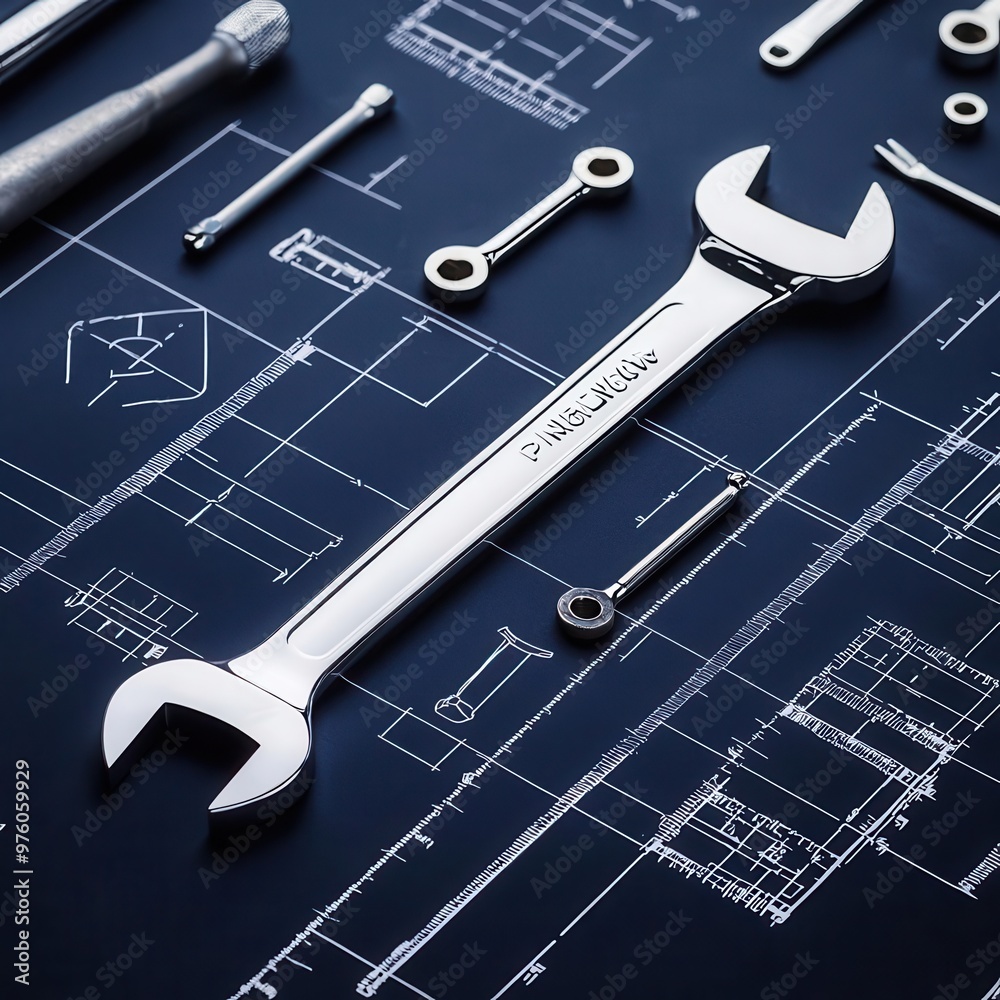 Fototapeta premium Blueprint of a wrench laid out with other mechanic tools, industrial precision, side view
