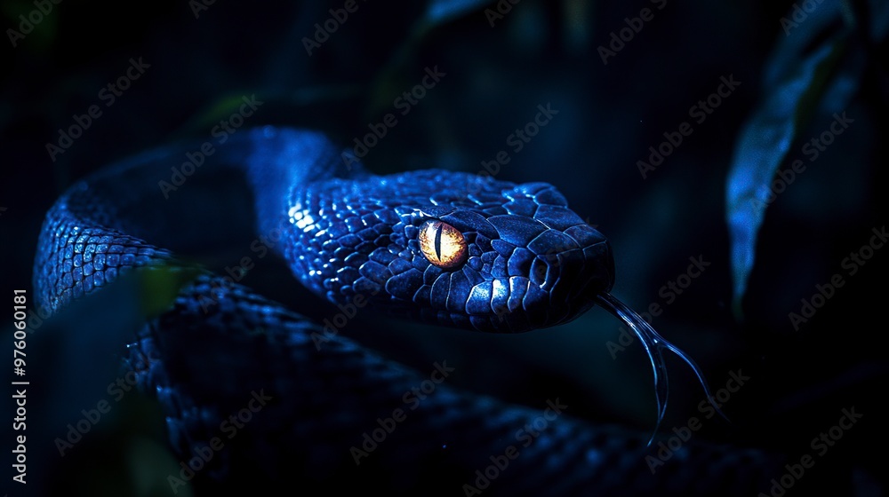 Obraz premium A close-up of a blue snake with a striking yellow eye, blending into a dark, leafy environment.
