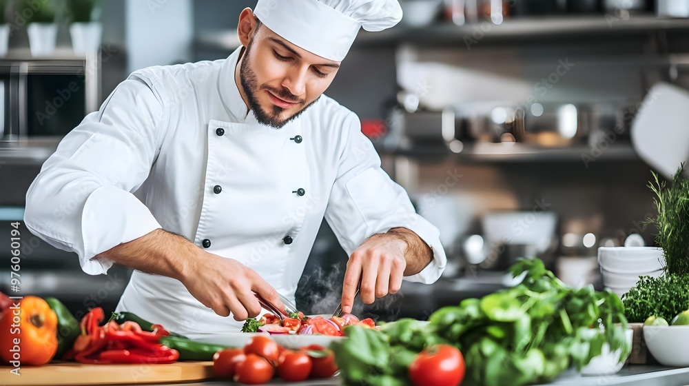 A professional chef skillfully prepares fresh ingredients in a modern kitchen, showcasing culinary expertise and creativity. A professional chef skillfully prepares fresh ingredients in a modern kitchen, showcasing culinary expertise and creativity.
