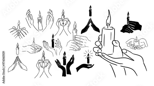 Candle in hands prayer. Set of religious symbols of faith in God. hand drawn. Not AI, Vector illustration