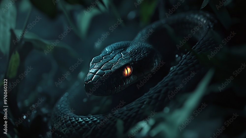 Fototapeta premium A close-up of a dark snake with a striking orange eye, blending into a misty, green environment.