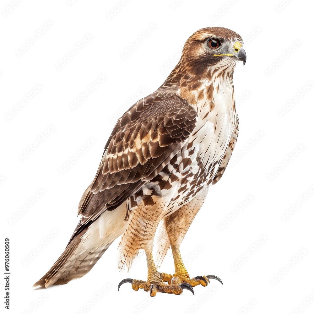 A close-up of a hawk perched confidently, showcasing its striking feathers and sharp talons against a plain transparent background A close-up of a hawk perched confidently, showcasing its striking feathers and sharp talons against a plain transparent background