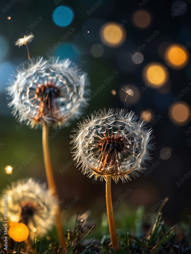 Colorful dandelion seeds with bokeh lights, creating a dreamy nature scene. Colorful dandelion seeds with bokeh lights, creating a dreamy nature scene.