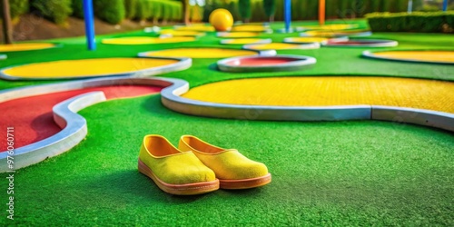 A fun and colorful mini golf course featuring yellow shoes as the starting point