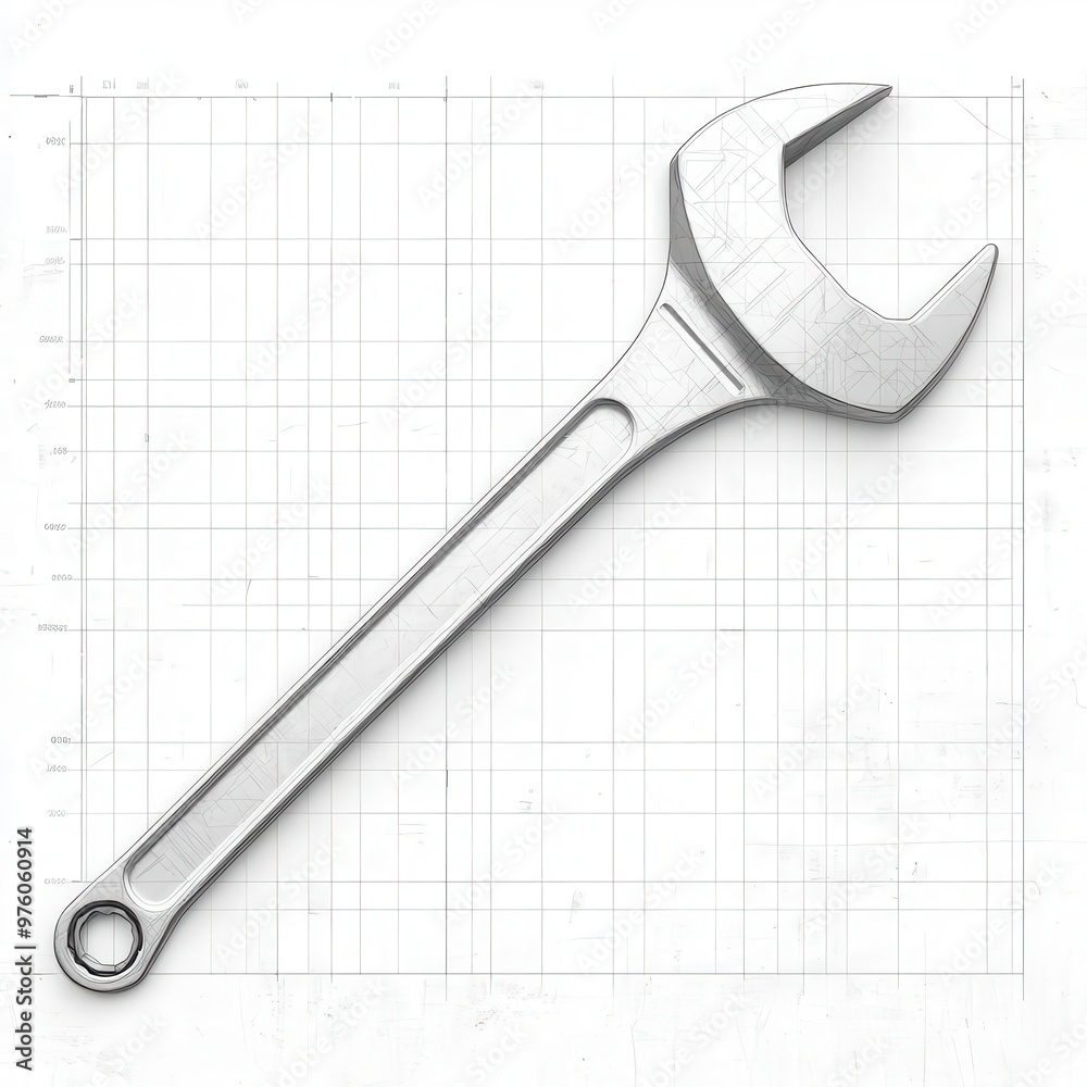 Simple wrench blueprint on white background, clean line work, technical simplicity Simple wrench blueprint on white background, clean line work, technical simplicity