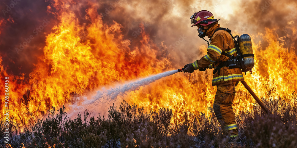 Firefighter battling wildfire with hose and protective gear