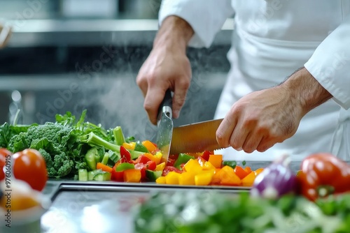 Chef slicing a colorful vegetable in a bright kitchen, fresh ingredients, culinary creativity and health