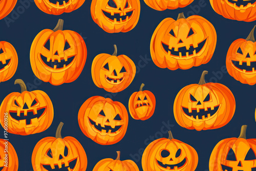 Halloween scary and spooky pumpkin face pattern background, seamless pattern.