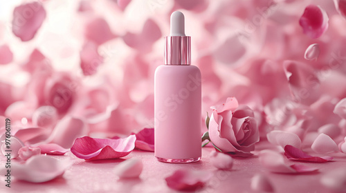 Matte Pink Dropper Bottle with Rose Petals for a Gentle Skincare Routine