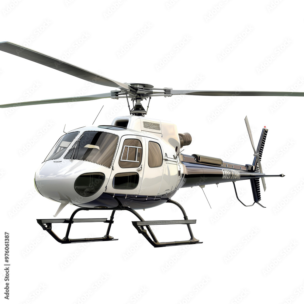 A modern helicopter parked on a flat surface, showcasing its sleek design and rotor blades in bright daylight