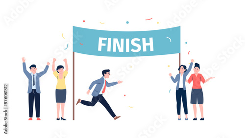 Businessman finished. Business winner, leader of office work team. Colleagues support in job, waiting and congratulation on finish, vector scene