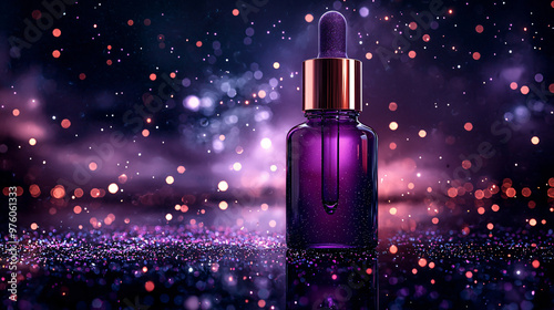 Matte Purple Dropper Bottle with Sparkling Bokeh Lights for Luxurious Skincare