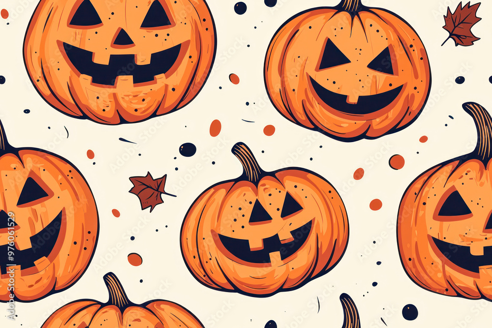Jack-O-Lantern Creepy carved pumpkin head seamless pattern design. Autumn illustration in flat cartoon retro groovy funky style. Jack-O-Lantern Creepy carved pumpkin head seamless pattern design. Autumn illustration in flat cartoon retro groovy funky style.