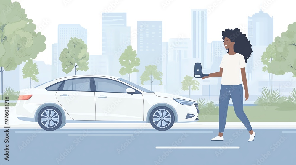 A woman walking confidently towards her car in an urban setting, showcasing modern lifestyle and transportation. A woman walking confidently towards her car in an urban setting, showcasing modern lifestyle and transportation.