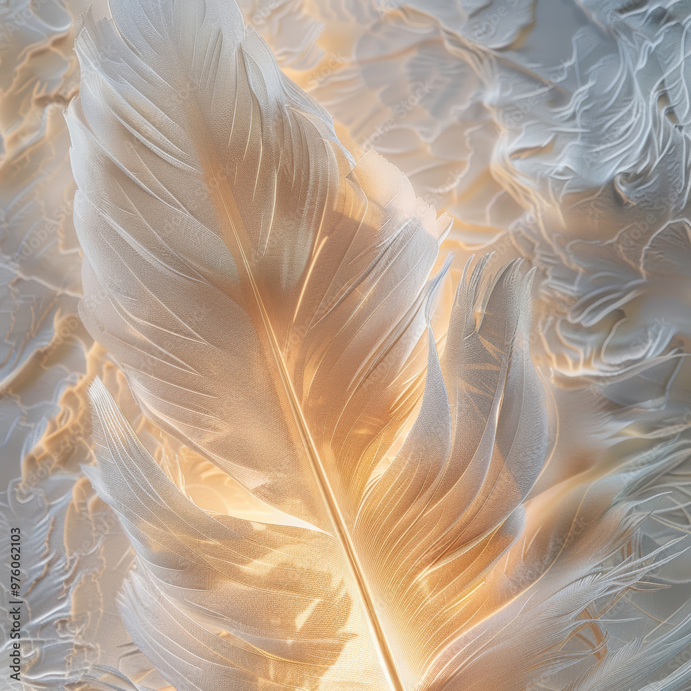 A close up of delicate white feather illuminated by soft, warm light, creating serene and ethereal atmosphere A close up of delicate white feather illuminated by soft, warm light, creating serene and ethereal atmosphere