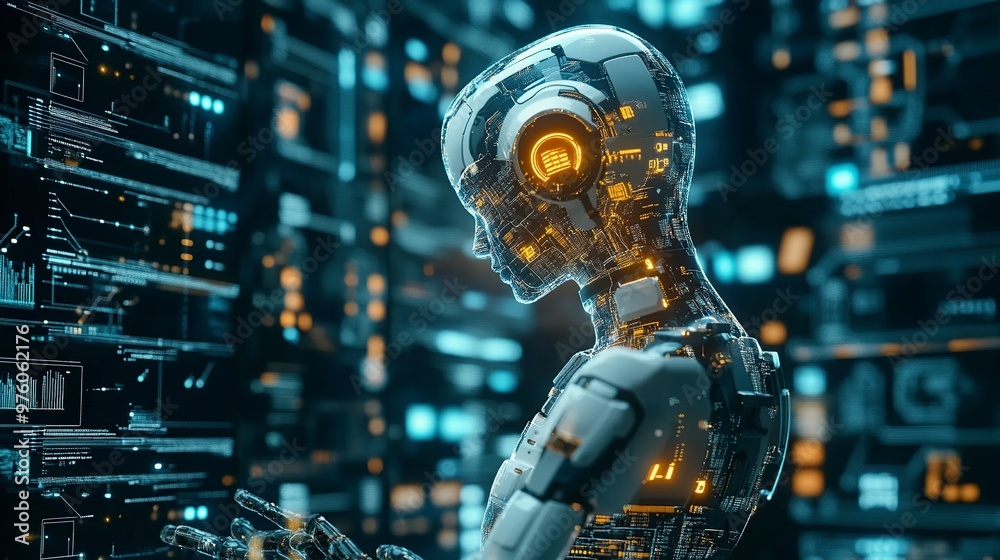 A futuristic humanoid robot with glowing circuitry, immersed in a digital environment. A futuristic humanoid robot with glowing circuitry, immersed in a digital environment.